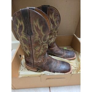 Ariat ATS Western Boots Brown Leather Square Toe Green Stitching Womens 9.5 D